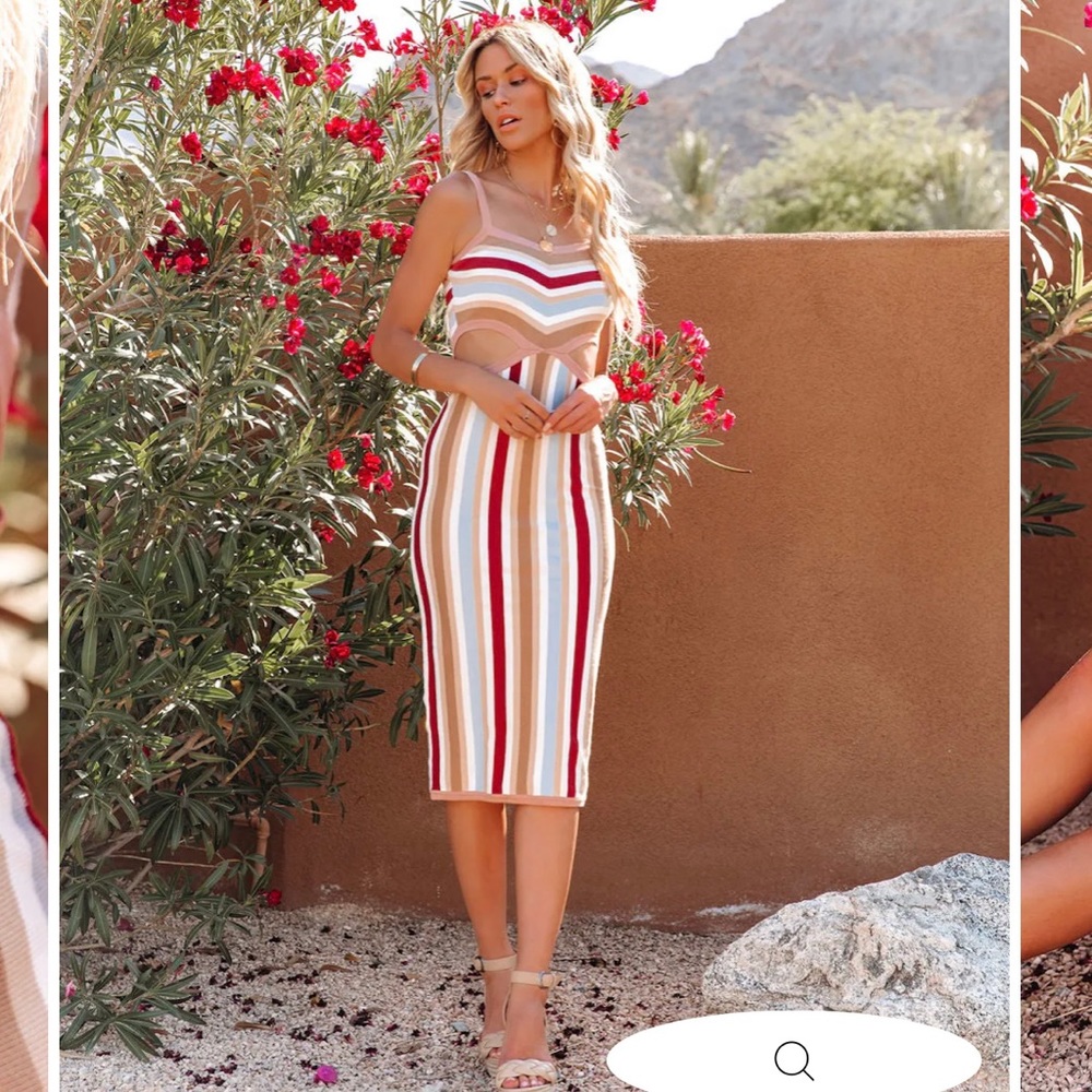Vici Striped Midi Dress in Cream, Red, Blue & Tan
